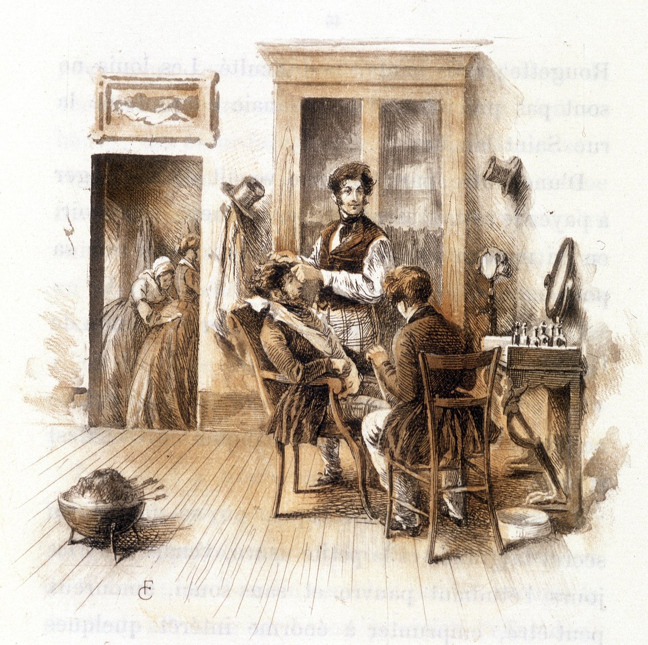 Barber. Illustration af "" Profile of grisette""" ny tilhørende samlingen "" Mimi de Pinson"" af Alfred de Musset af François Courboin