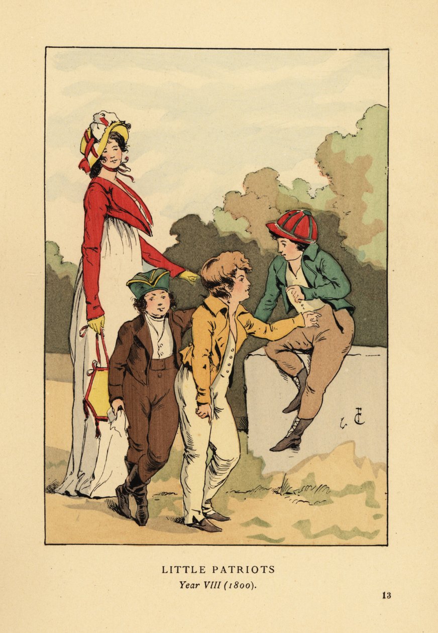 Drenge i jakker og ridebukser med Merveilleuse i romersk kappe med motorhjelm og spencerjakke. Små Patrioter, år VIII af François Courboin
