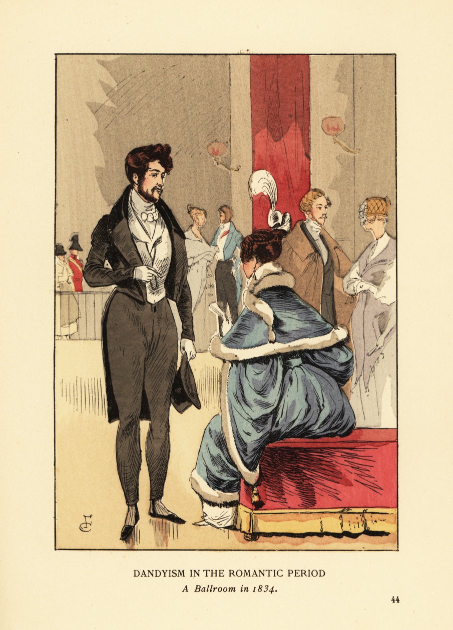 Dandyisme i den romantiske periode, En balsal i 1834. Fop i frakke med hale, stramme bukser og høj hat. Kvinde i pelskåret kjole med fjer i håret. Håndkoloreret litografi af R.V. efter en illustration af Francois Courboin fra Octave Uzanne