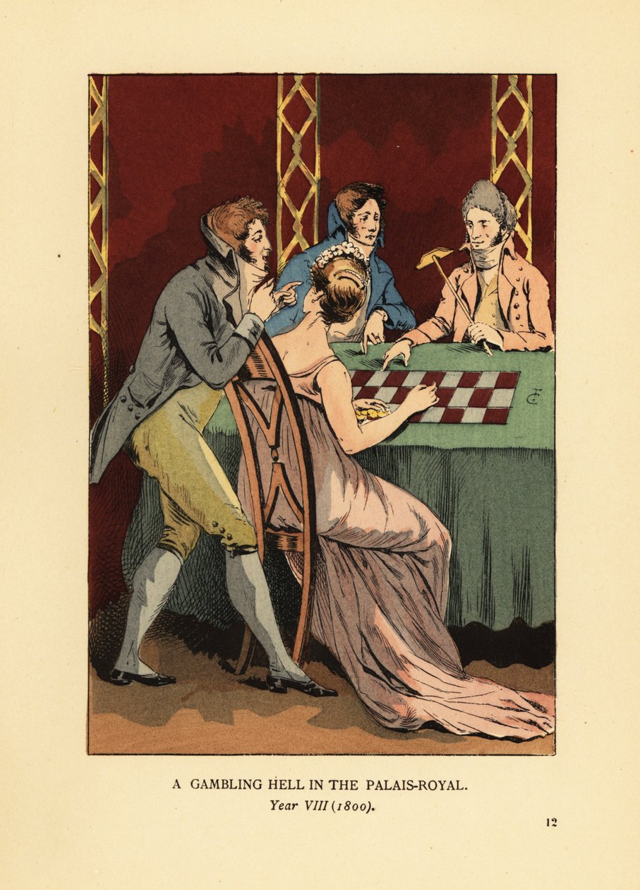 Moderigtige Incroyables i jakker med høj krave ved et spillebord med ung kvinde og croupier. Et spillehelvede i Palais Royal, år VIII af François Courboin