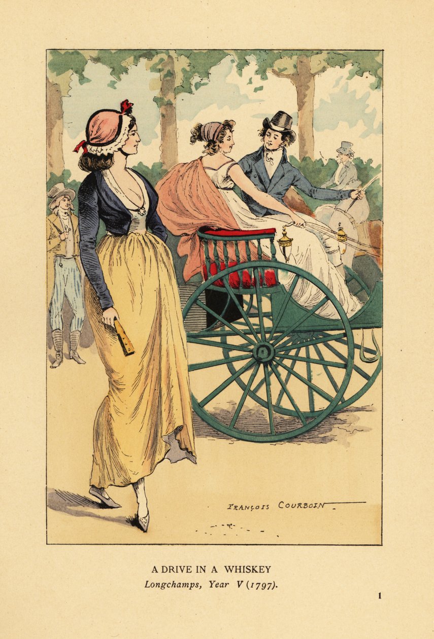 Moderigtigt par kører i en en-hestes whiskyvogn eller koncert i Longchamps, Paris, år V af François Courboin