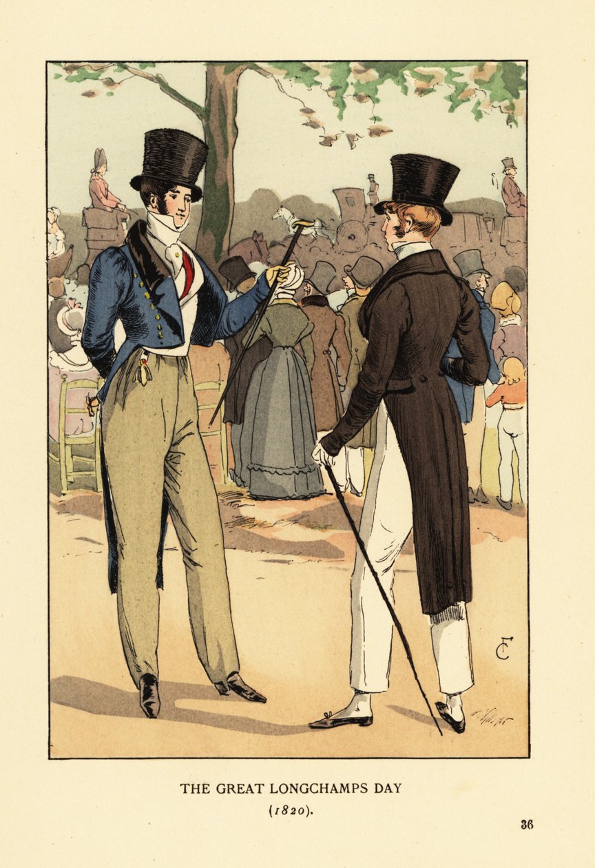 Moderigtige herrer i top hat og hale med stokke. Ved en stor løbsdag på Longchamp-væddeløbsbanen. Masser af fashionable mennesker og vogne. Den Store Longchamps Dag af François Courboin