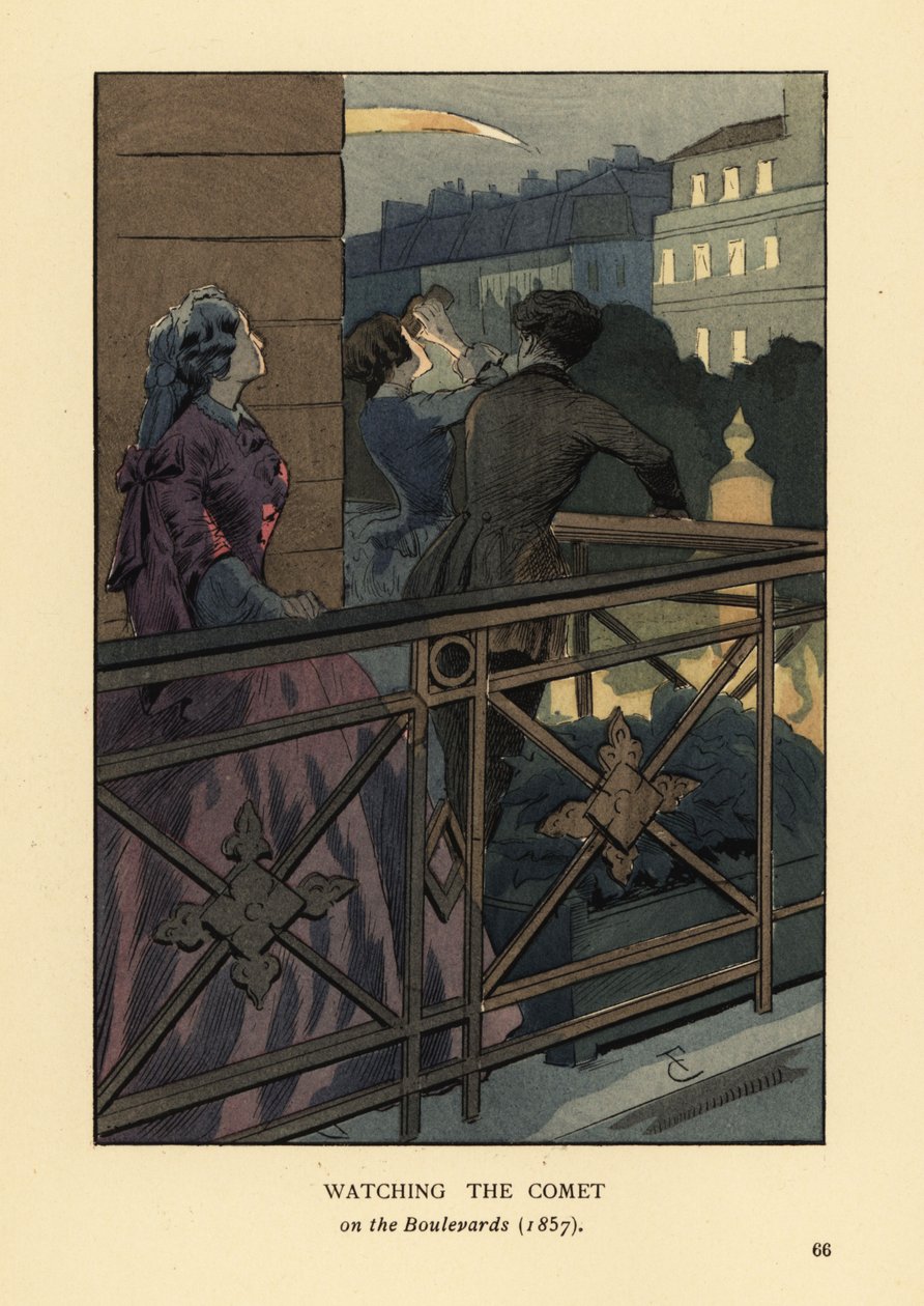 Moderigtige mennesker ser på kometen fra 1857 fra en boulevardbalkon i Paris. Kvinde i krinolin med kikkert. Håndkoloreret litografi af R.V. efter en illustration af Francois Courboin fra Octave Uzanne
