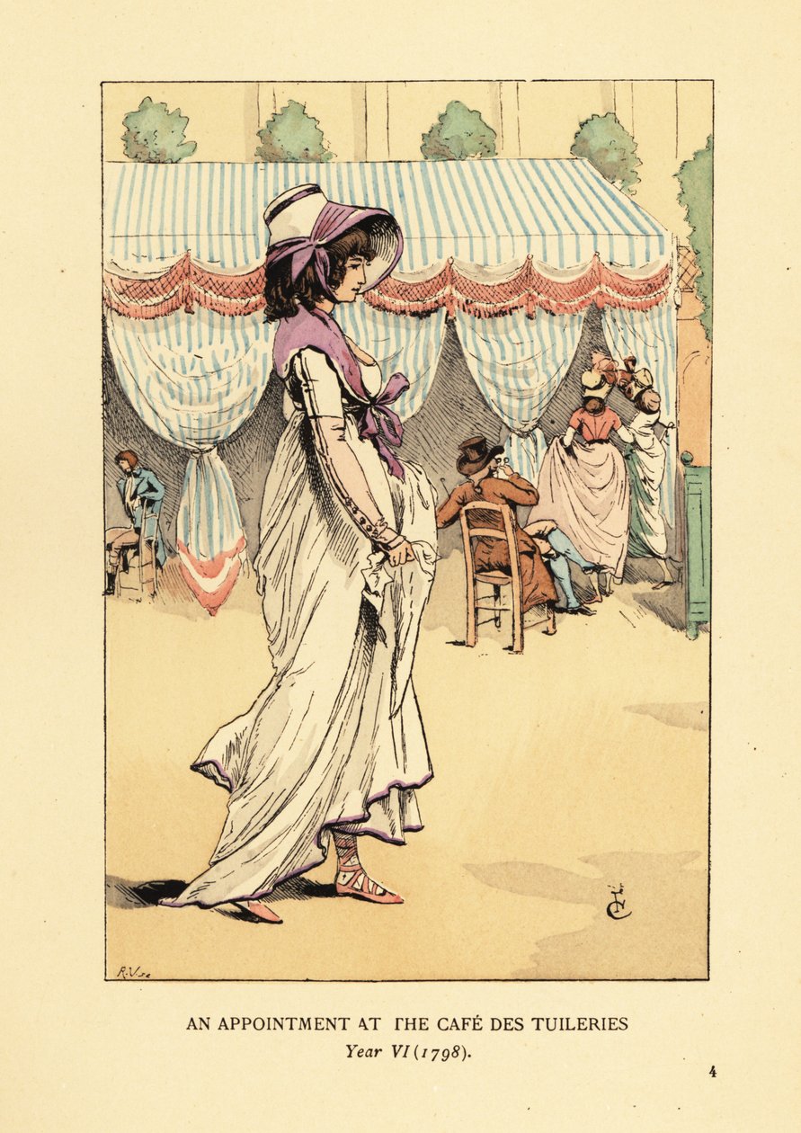 Moderigtig kvinde ankommer til en aftale på Cafe des Tuileries, Paris, år VI af François Courboin