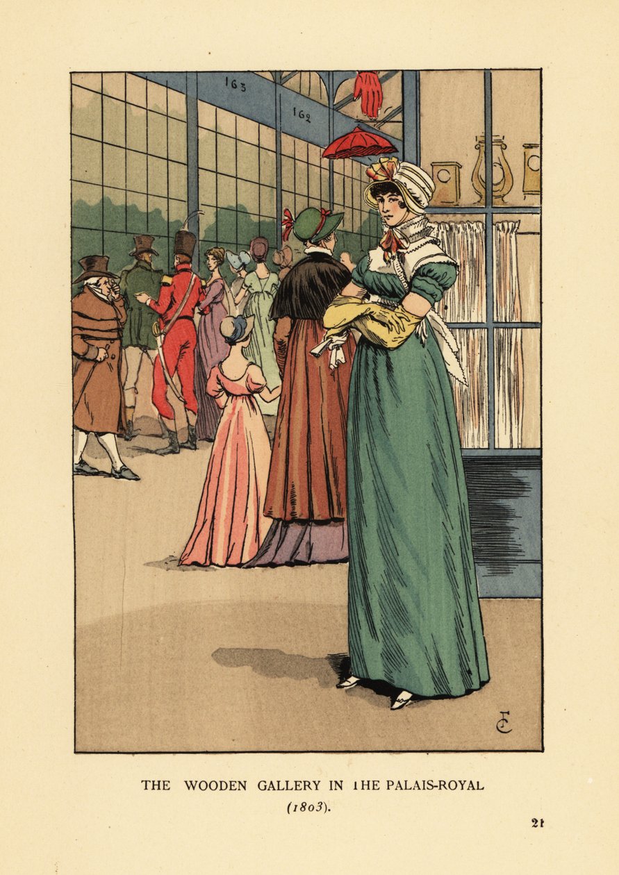 Moderigtig kvinde, der shopper i Wooden Gallery i Palais Royal, Paris af François Courboin