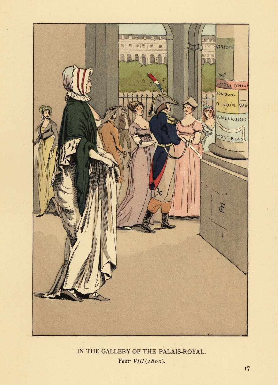 Modebevidst kvinde på vej gennem galleriet i Palais Royal, Paris, år VIII af François Courboin