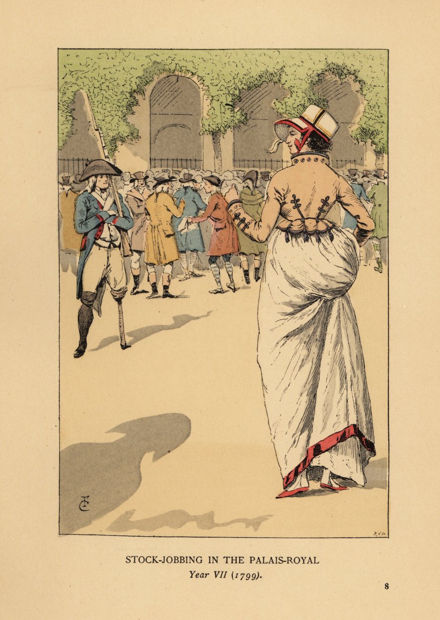 Moderigtig kvinde med en gruppe spekulanter eller agiotører, Paris. En etbenet revolutionær soldat står vagt. Lagerarbejde på Palais Royal, år VII af François Courboin