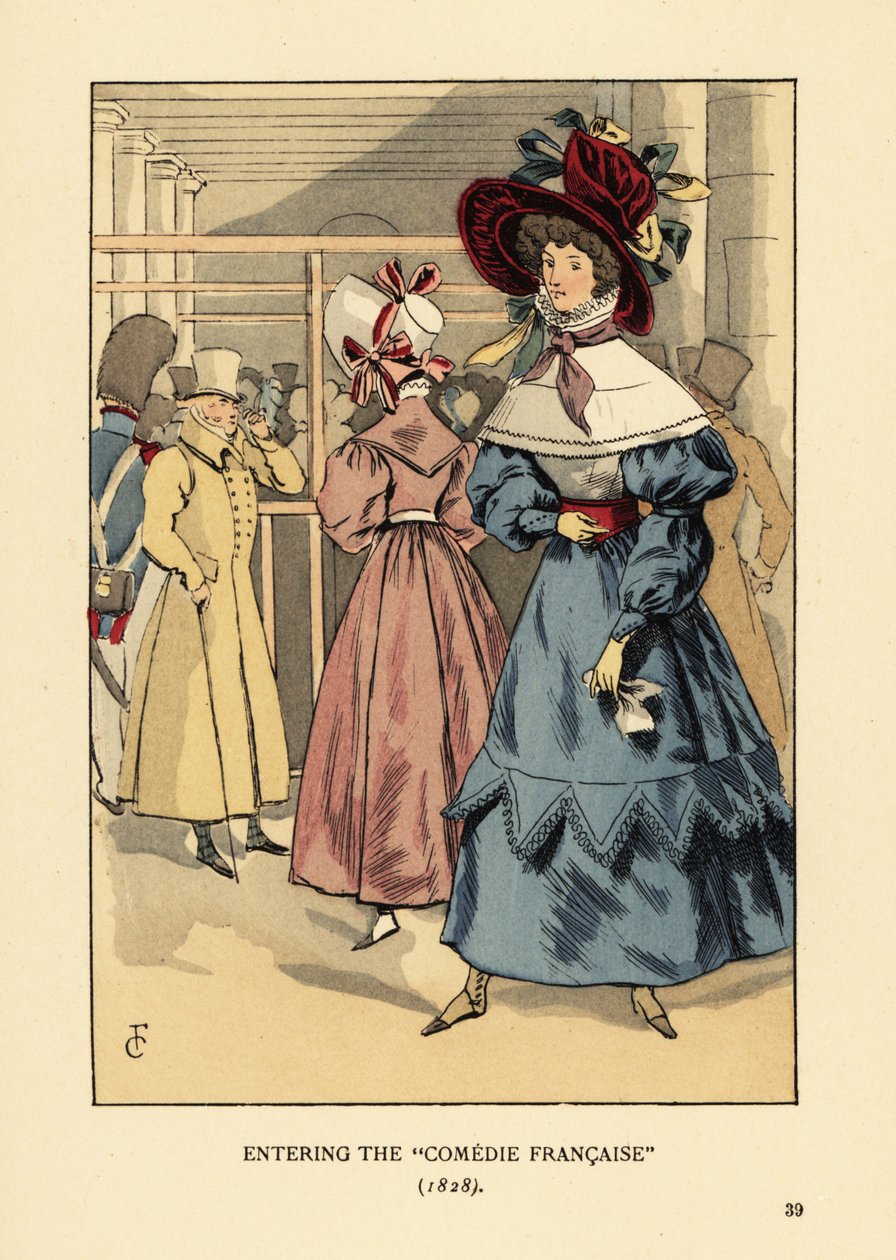 Moderigtige kvinder ved et skuespil, Paris. Kvinde i stor motorhjelm med bånd, kjole med høj krave, blondekappe eller pelerine og hele ærmer en baret. Ind i Comedie Francaise af François Courboin