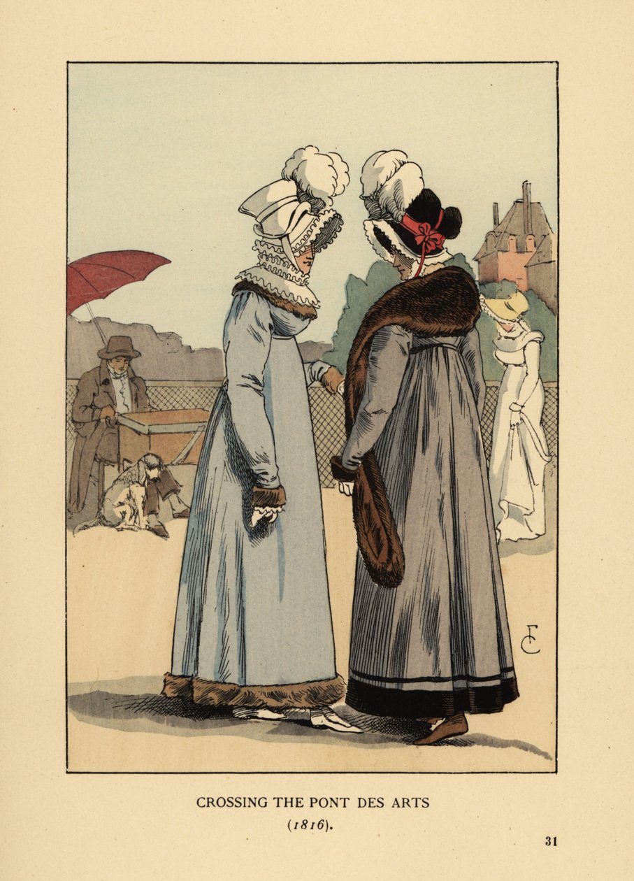 Moderigtige kvinder i fjerhatte, kniplingskraver og pelsbeskårne kjoler. Krydser Pont des Arts, Paris af François Courboin