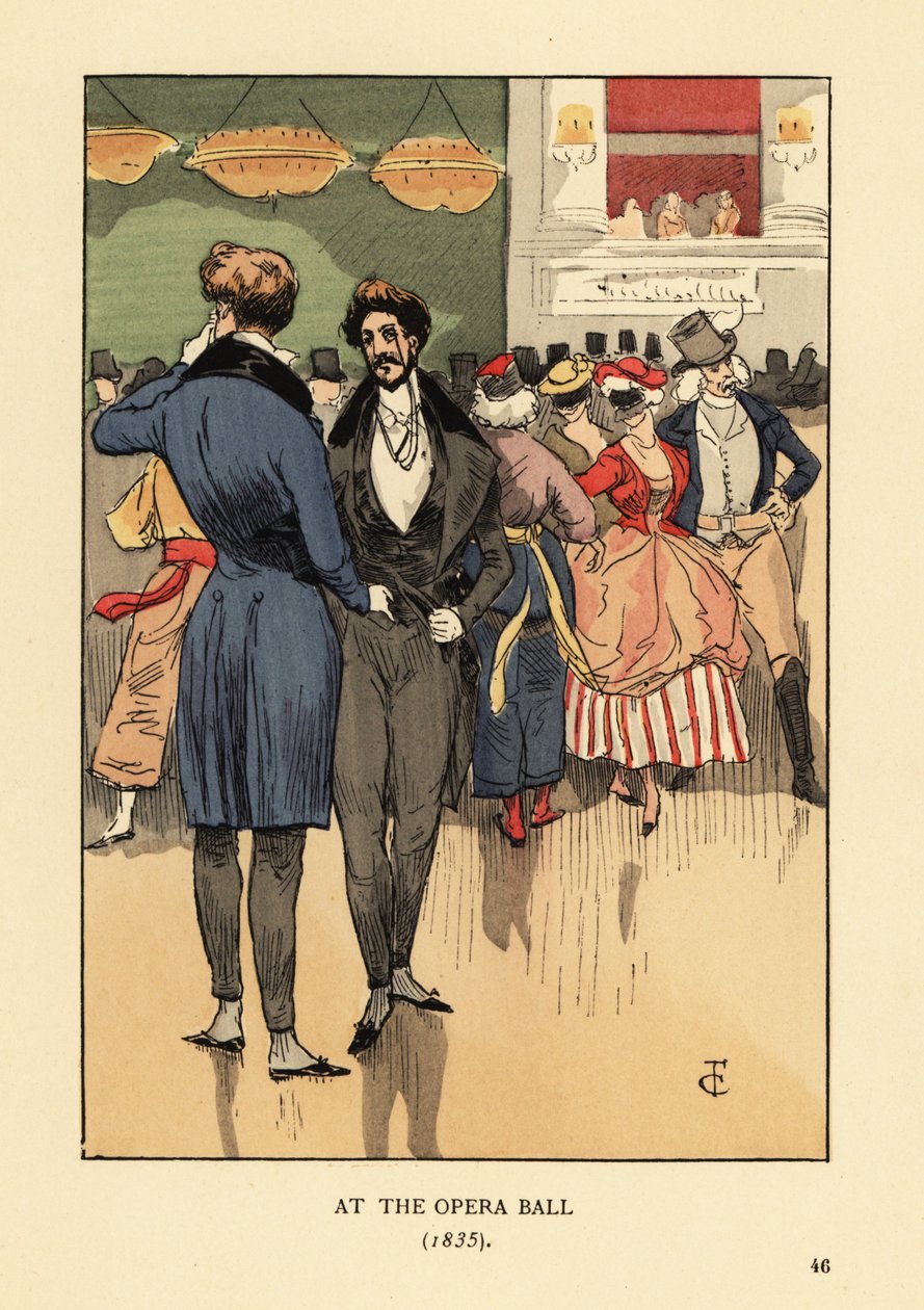 Fopper i frakke med halehale, vest, stramme bukser og hvide strømper. Bag dem folk i udklædning og masker. Ved operaballet 1835. Håndkoloreret litografi af R.V. efter en illustration af Francois Courboin fra Octave Uzanne