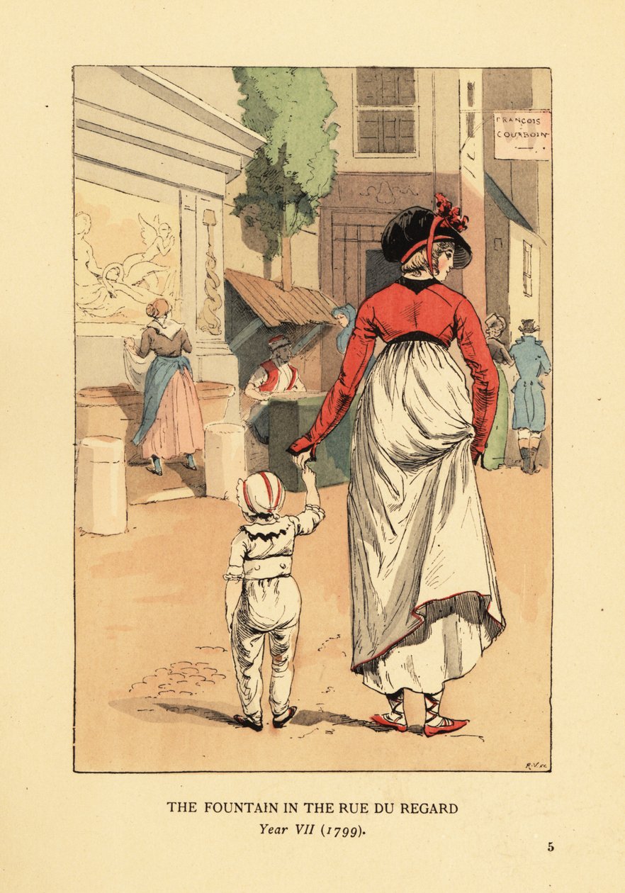 Kvinde og barn foran Leda-fontænen, Fontaine de Leda, i Rue du Regard, Paris, år VII af François Courboin