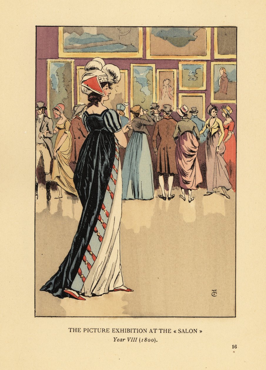 Kvinde i moderigtig kjole på billedudstillingen i Paris Salon, Academie des Beaux-Arts, år VIII af François Courboin