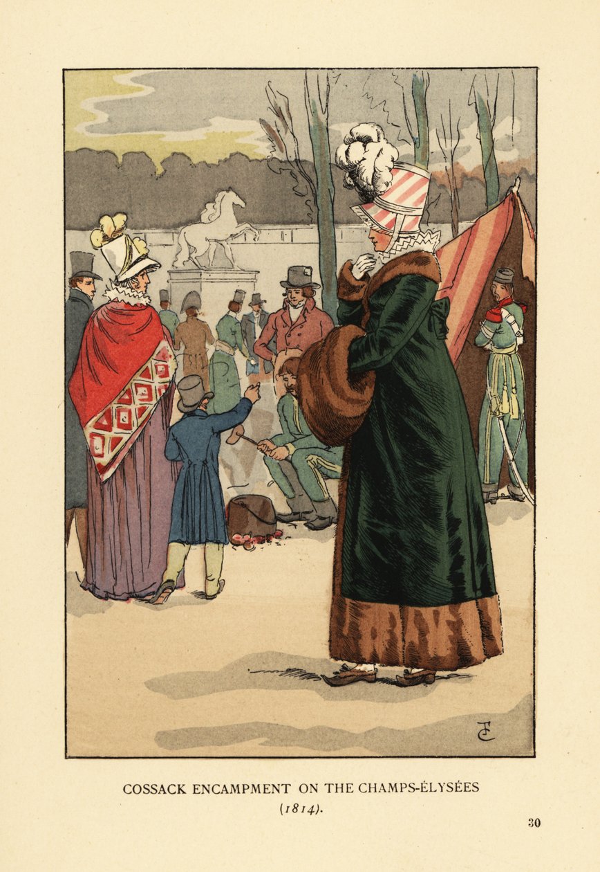 Kvinde i pelsforet frakke med pelsmuffe på besøg i Tatar- og Kalmyk-kosakbivuak i Paris efter Napoleons fald. Kosaklejr på Champs Elysees af François Courboin