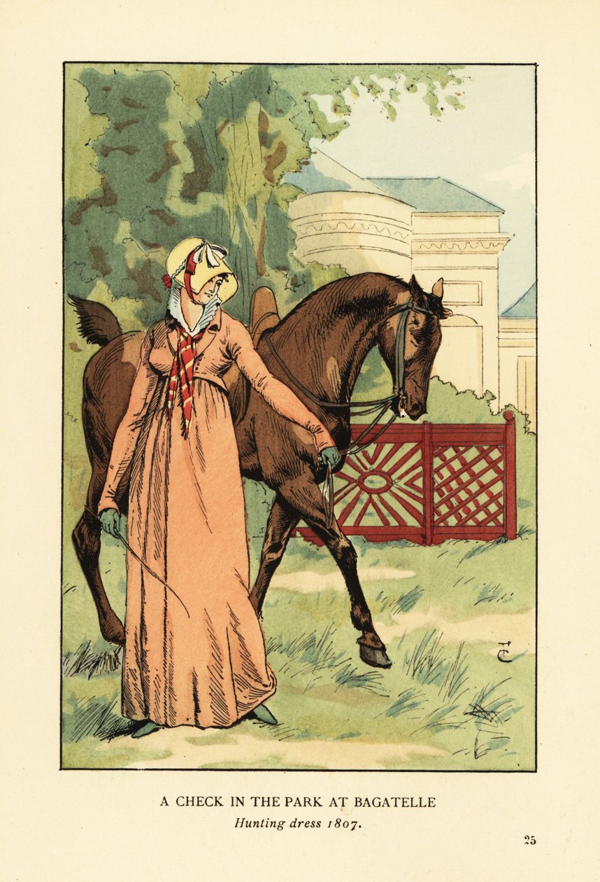 Kvinde i jagtdragt, motorhjelm og tørklæde fører en hest i Parc de Bagatelle, Bois de Boulogne, Paris af François Courboin