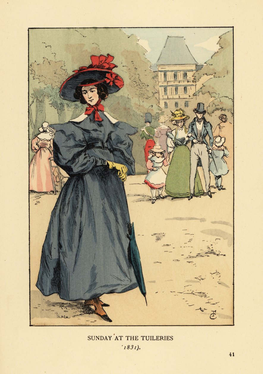 Kvinde promenerer i søndagens Bedst i parken. Hun bærer en bredskygget hat, kjole med fulde ærmer, ankelstøvler og bærer en parasol. Søndag i Tuilerierne af François Courboin