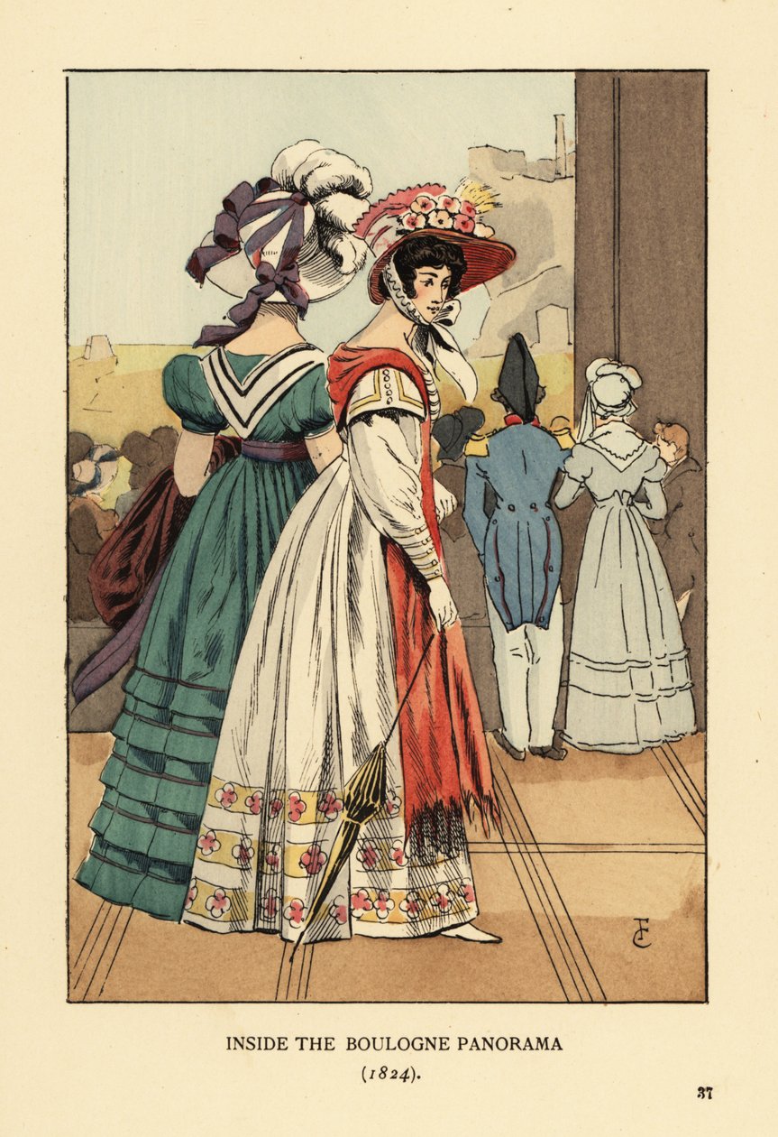 Kvinder ser det store bybillede inde i Boulogne Panorama, Boulevard Montmartre, Paris af François Courboin