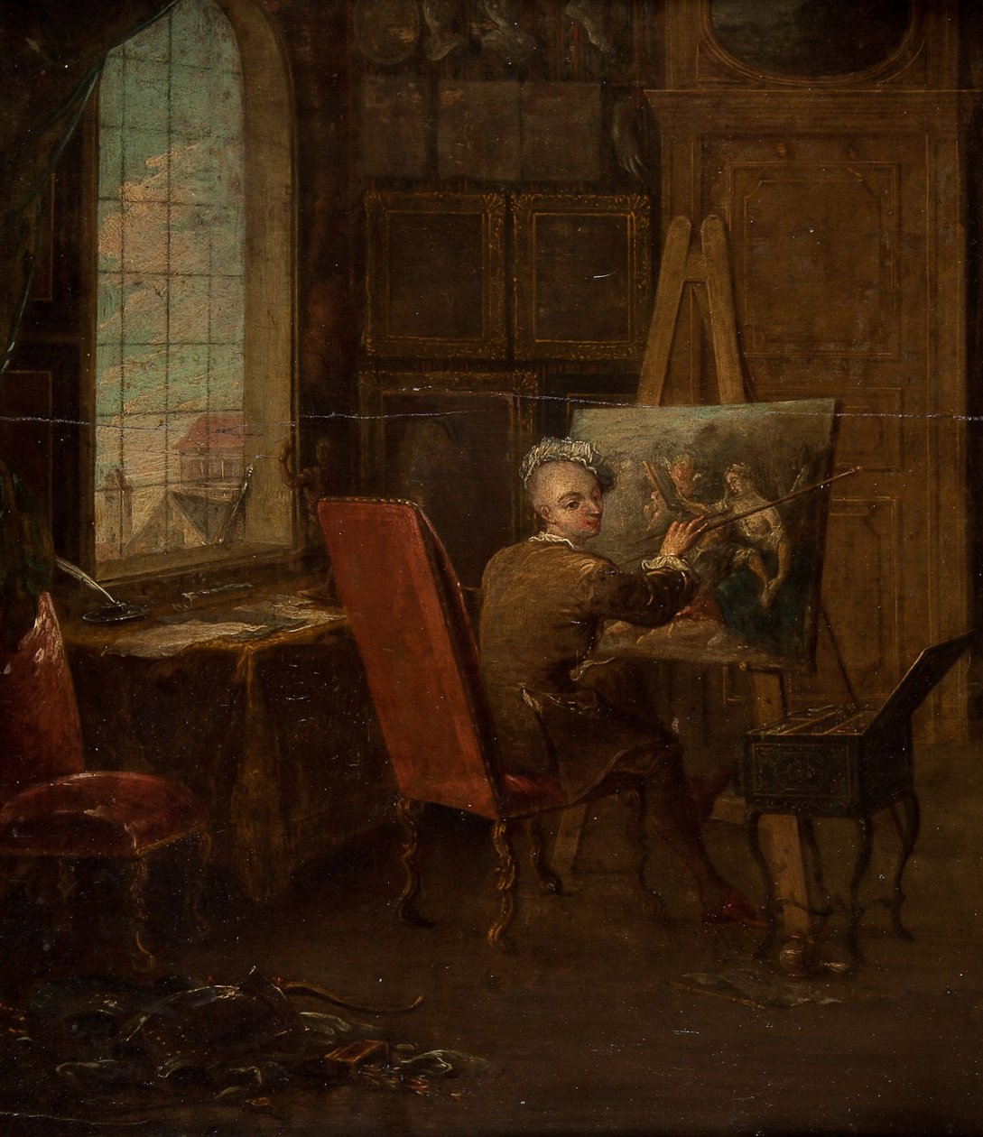 Selvportræt af kunstneren i sit atelier, hvor han holder en mahl-stick af Francois Eisen