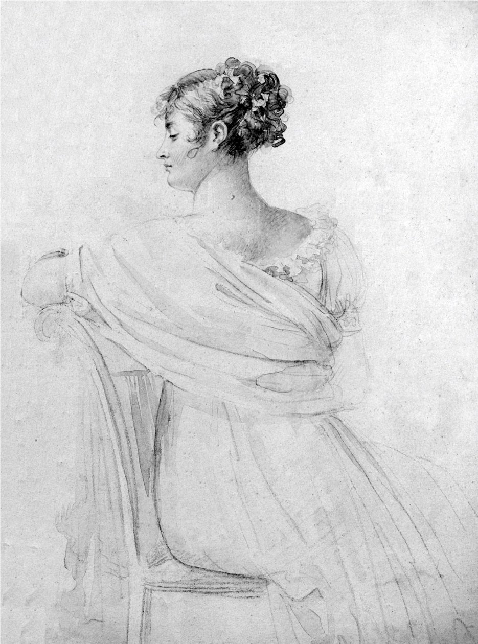 Portræt af fru Récamier, sort kridt, akvarelstreger, af François Gérard. af François Gérard