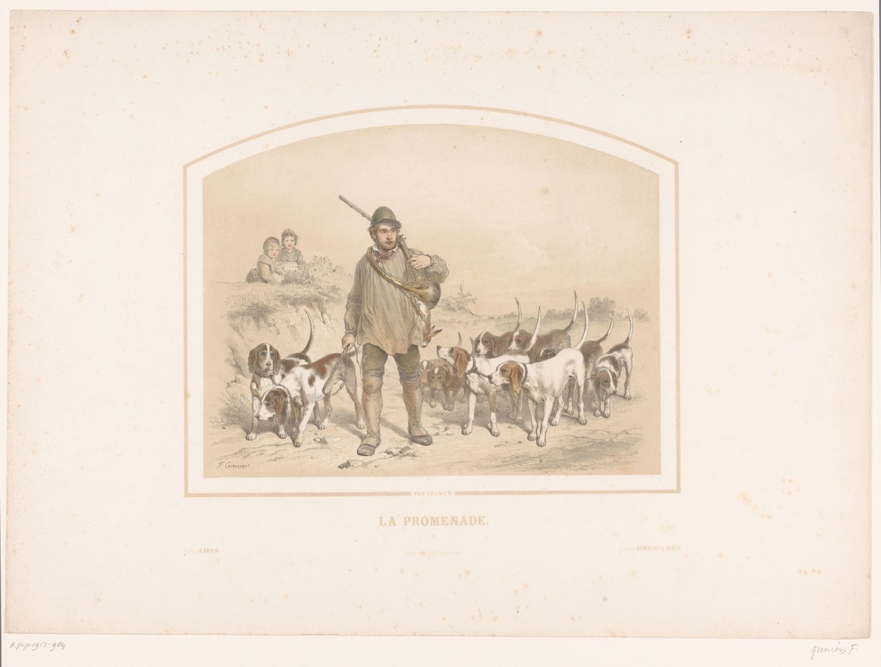Jæger med ti jagthunde La promenade (titel på objekt) af François Grenier