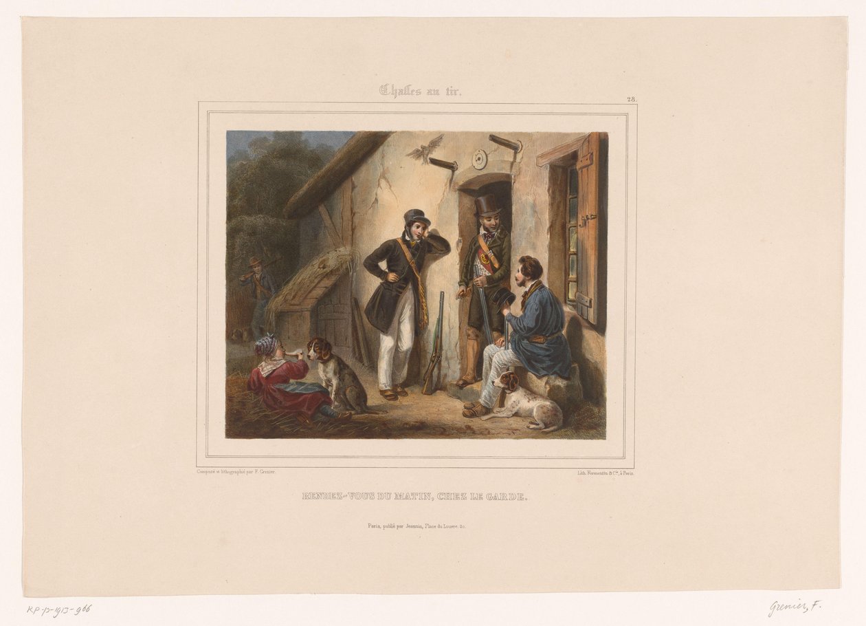 Jægere møder vildtholderen om morgenen Rendezvous du matin, chez le garde (titel på objekt) Jægere med våben (serietitel) Chasses au Tir (serietitel på objekt) af François Grenier