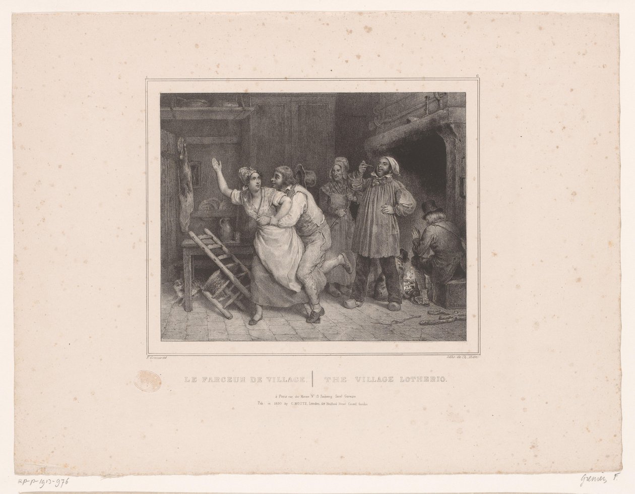 Mand forsøger at kramme kvinde i kro Le farceur de village / The village lotherio (titel på objektet) Tolv repræsentationer af forskellige figurer (serietitel) Album de douze sujets (...) (serietitel) af François Grenier
