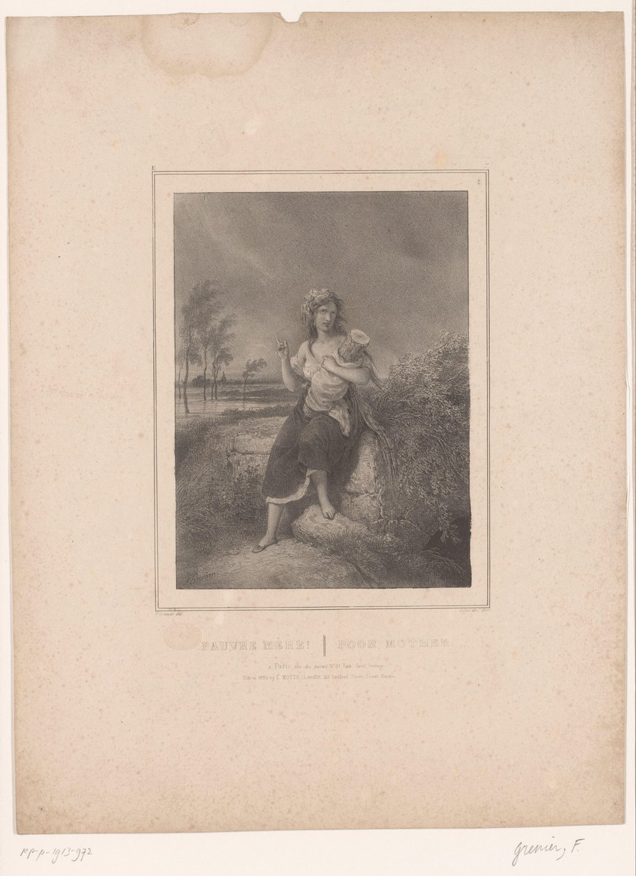 Mor med træstamme pakket ind i stof Pauvre blot! / Stakkels mor (titel på objekt) Tolv repræsentationer af forskellige figurer (serietitel) Album de douze sujets (...) (serietitel) af François Grenier