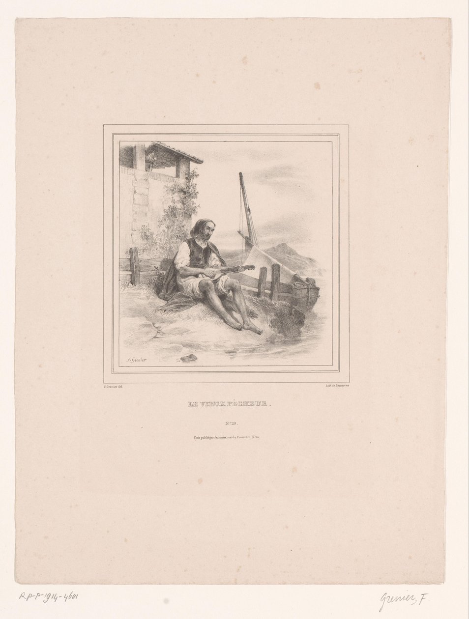 Gammel fisker med lut på vandet Le vieux pêcheur (titel på objekt) af François Grenier