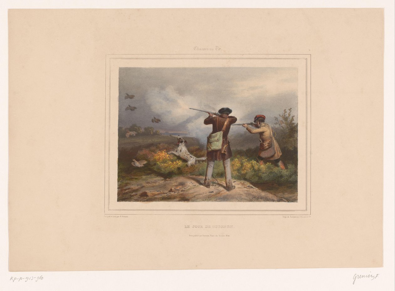 To jægere, der skyder agerhøns Le jour de guignon (titel på objekt) Jægere med våben (serietitel) Chasses au Tir (serietitel på objekt) af François Grenier