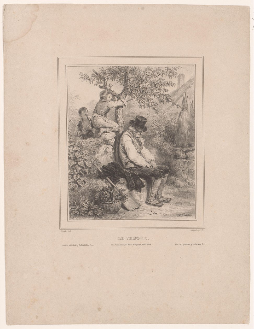 To drenge plukker æbler fra en sovende landmand Le verger (titel på objekt) af François Grenier