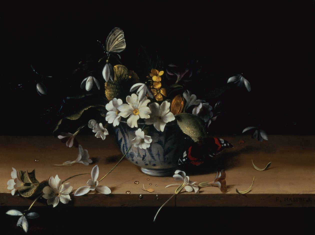 Blomster i en blå og hvid kinesisk porcelænsskål med en rød admiralsommerfugl på en træafsats (olie på panel) af François Habert