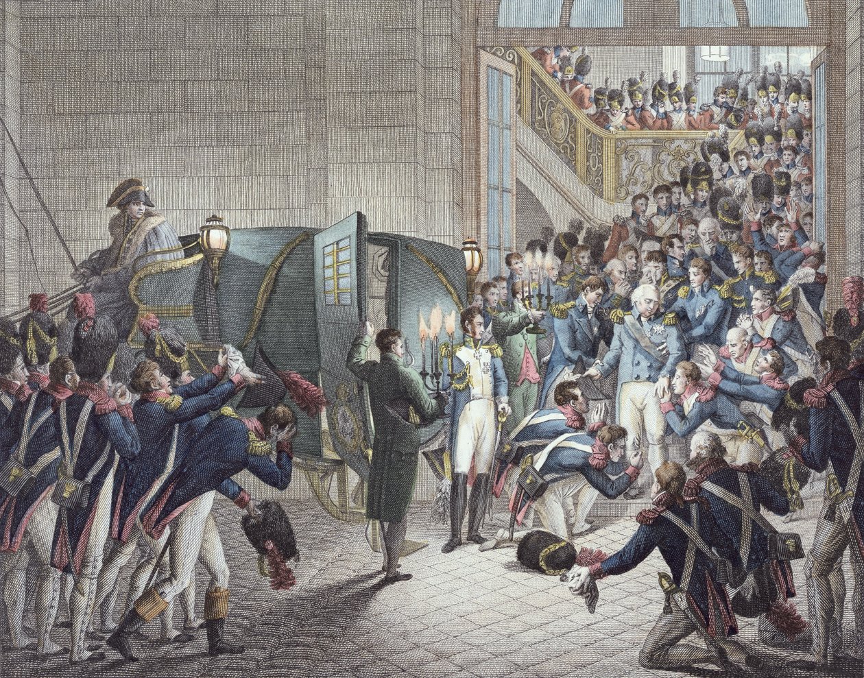 Afgang af Ludvig XVIII (1755-1824) konge af Frankrig og Navarra, fra Les Tuileries, 19. marts 1815 (farvestik) af François Joseph Heim