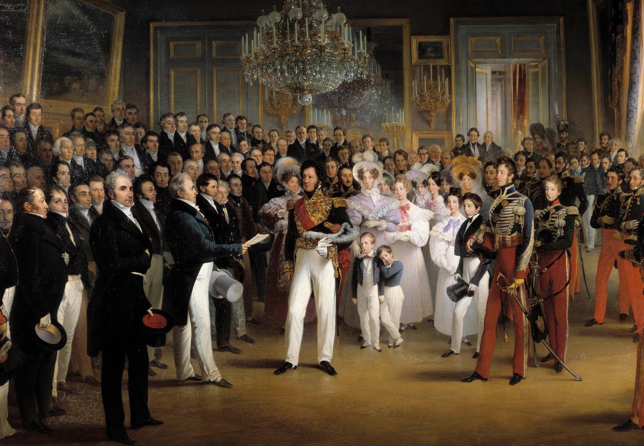 Revolution af 1830: "" Deputeretkammeret præsenterer for hertugen af Orleans, Louis Philippe I (1773-1850), handlingen, der kalder ham til tronen og charteret af 1830, på det kongelige palads, den 7/08/ 1830"" Detalje. Maleri af Francois Joseph Heim (1787- af François Joseph Heim
