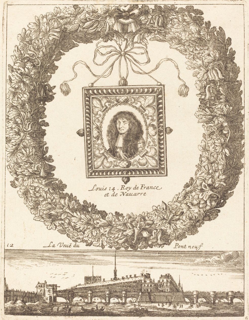 Udsigten over Pont Neuf; Ludvig XIV konge af Frankrig og Navarra af François Le Febvre