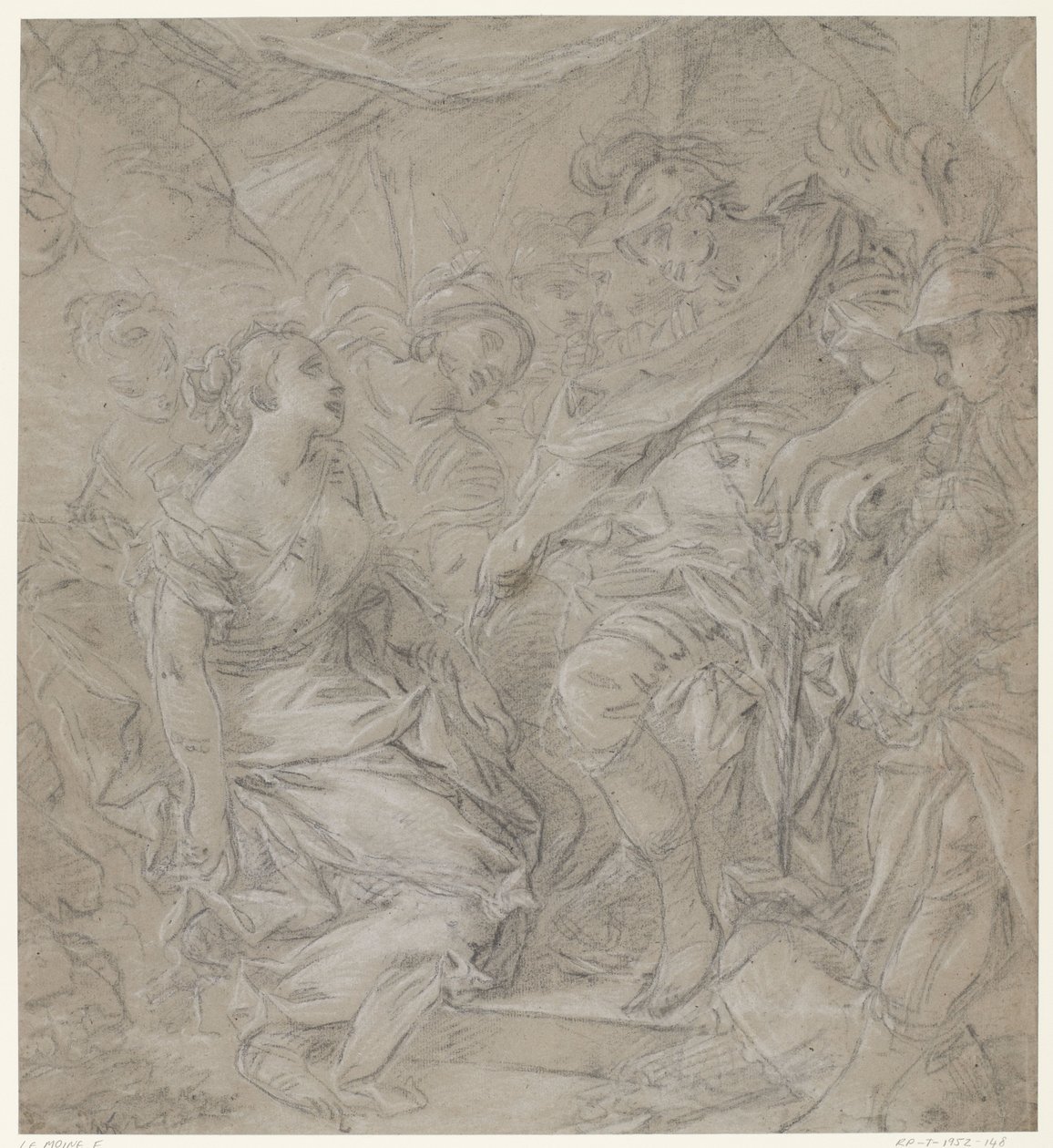 Ung kvinde knæler foran en general i hans telt (Scipio?) af François Le Moine (manner of)