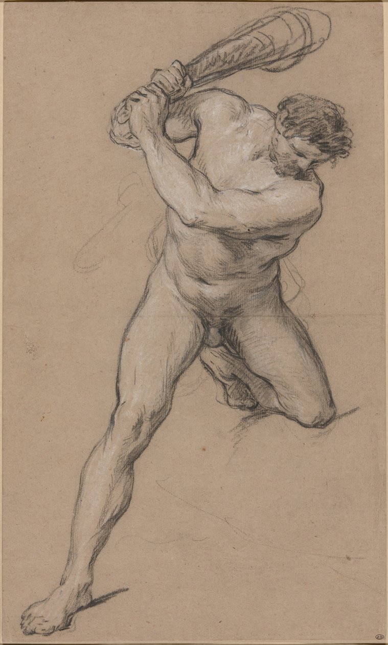 Hercules Raising his Club: Undersøgelse for "Hercules and Cacus" af François Le Moyne