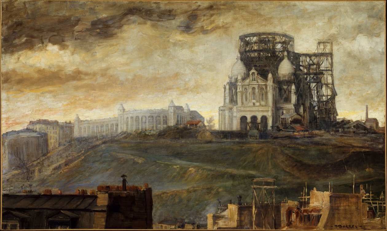 Butte Montmartre med Sacré-Coeur under opførelse, ca. 1890 (olie på lærred) af François Marius Borrel