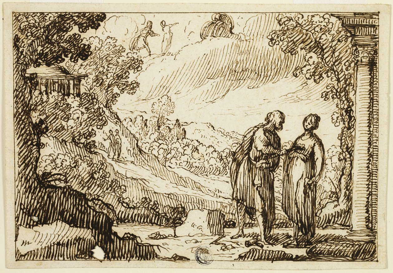 Uidentificeret mytologisk scene med mand og kvinde, der taler sammen i et klassisk landskab af François Roëttiers