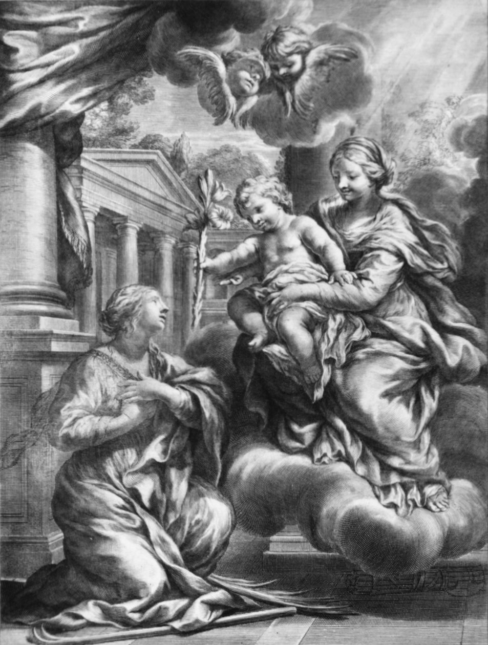 Sankt Martina knæler foran Jomfruen og Barnet, da barnet tilbyder hende en lilje,..., ca. 1664-79. af François Spierre