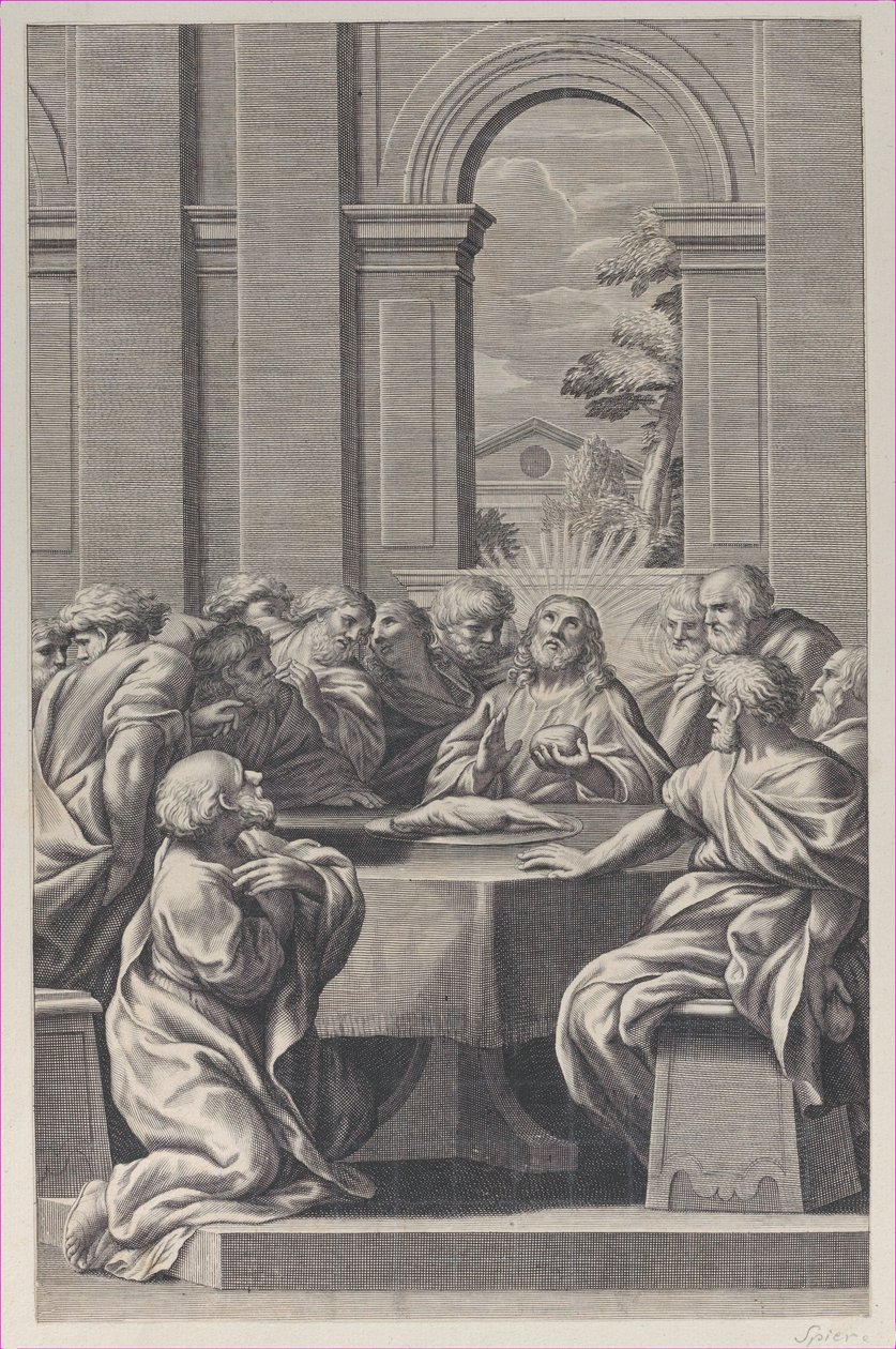 Den sidste nadver, det indre af en klassisk bygning med Kristus og hans apostlesæde..., 1660-81. af François Spierre