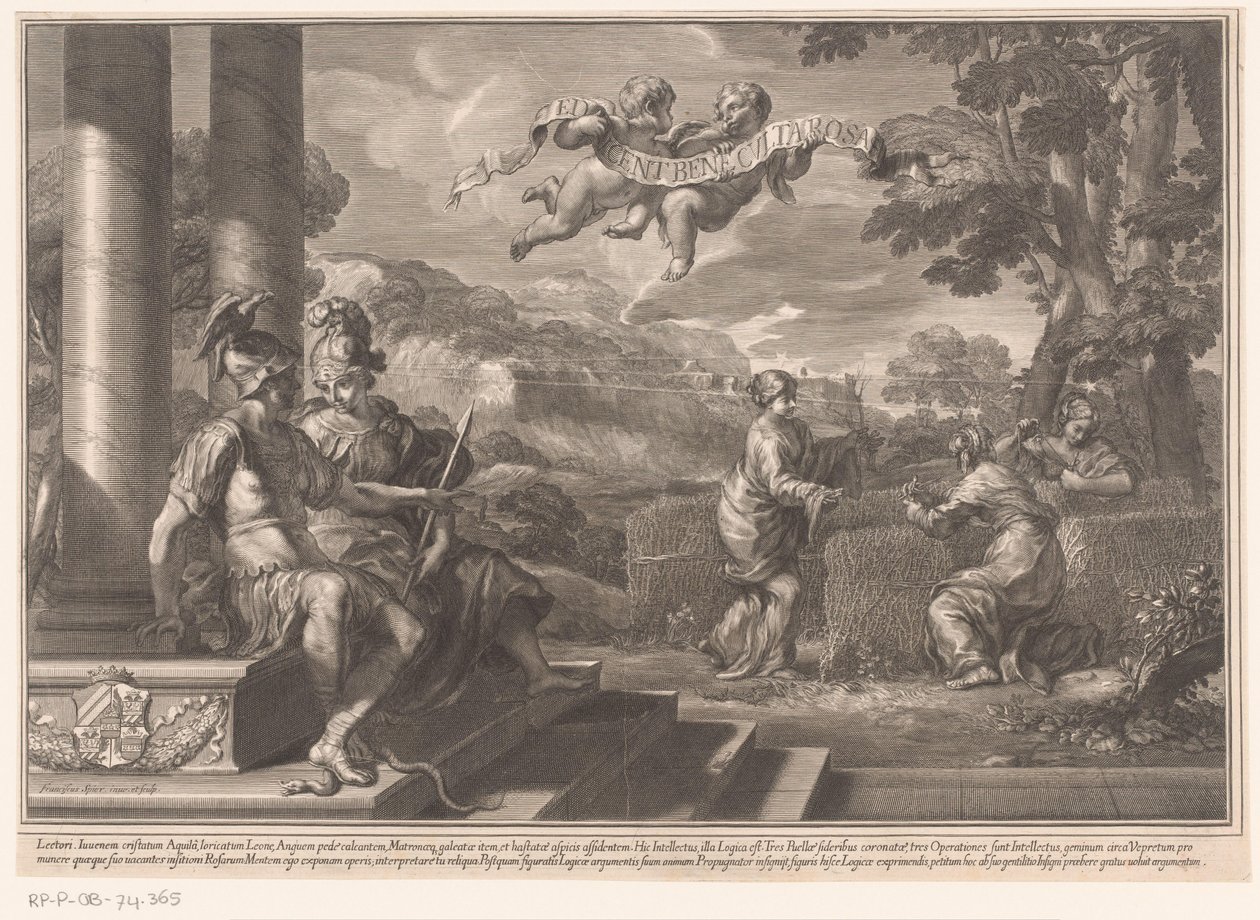 Siddende personifikationer af Genie og Filosofi med nymfer, der planter roser af François Spierre