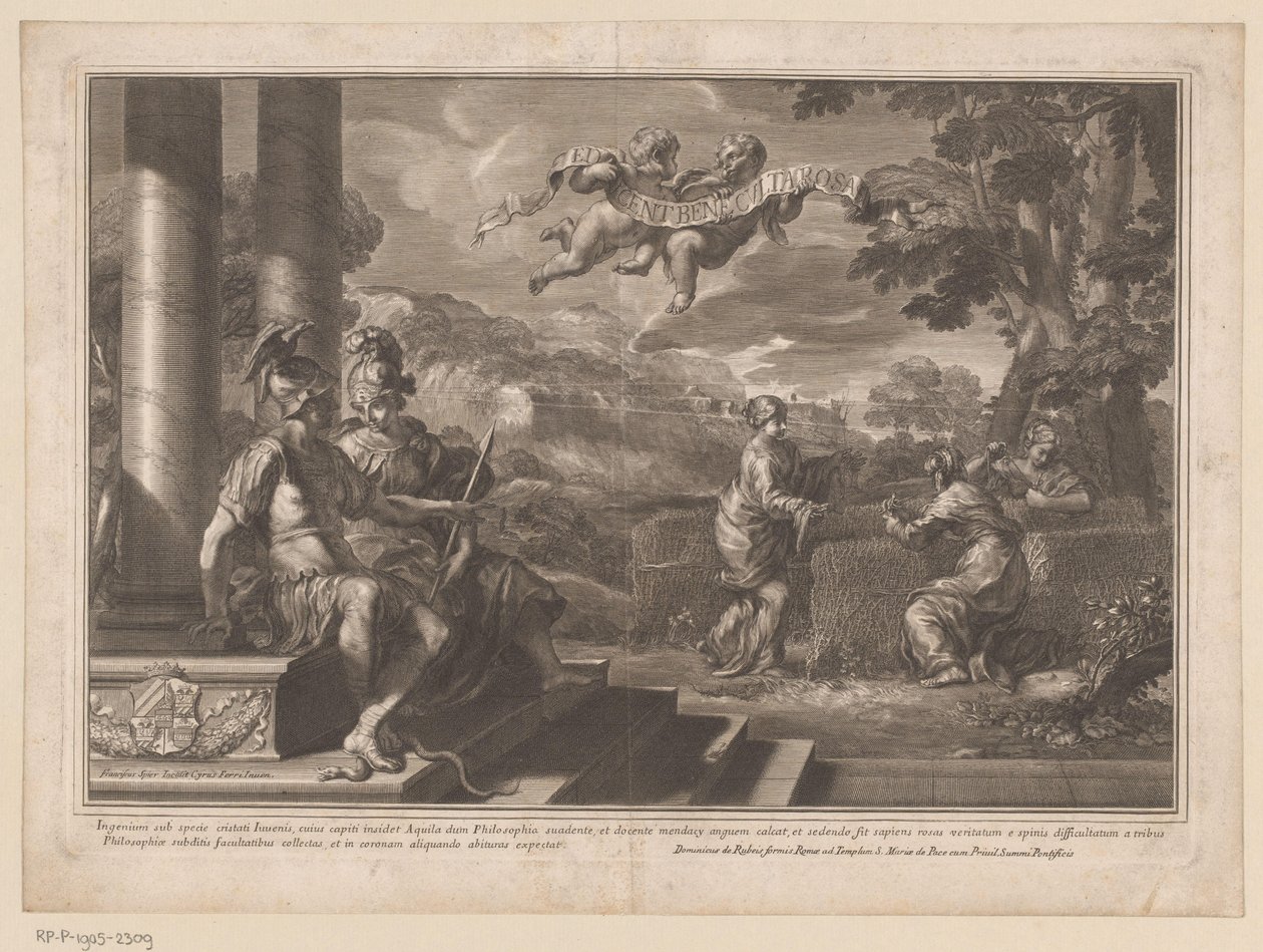 Siddende personifikationer af Genie og Filosofi med nymfer, der planter roser af François Spierre