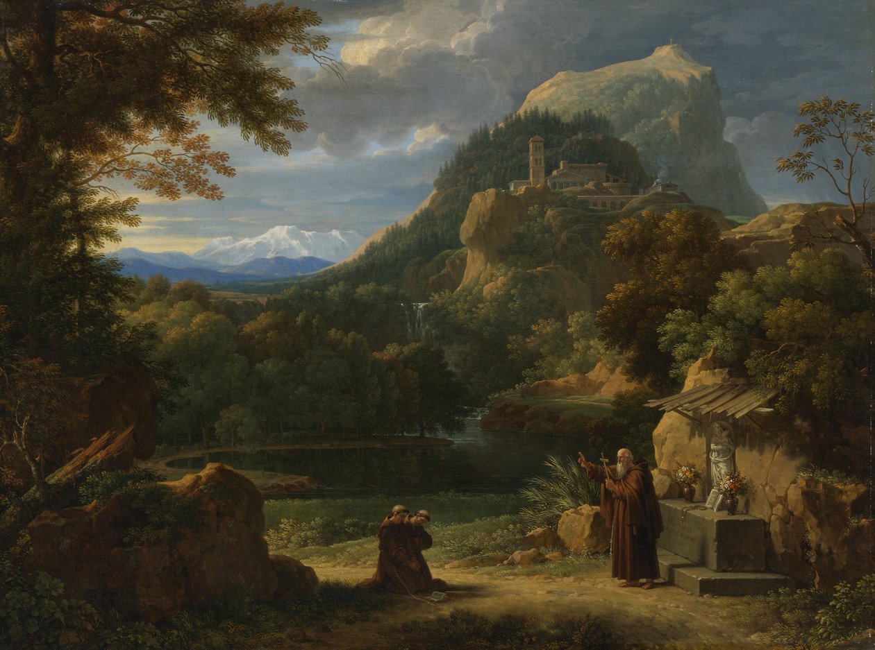 Sankt Antonius af Padua introducerer to novicer til brødre i et bjerglandskab af Francois Xavier Fabre
