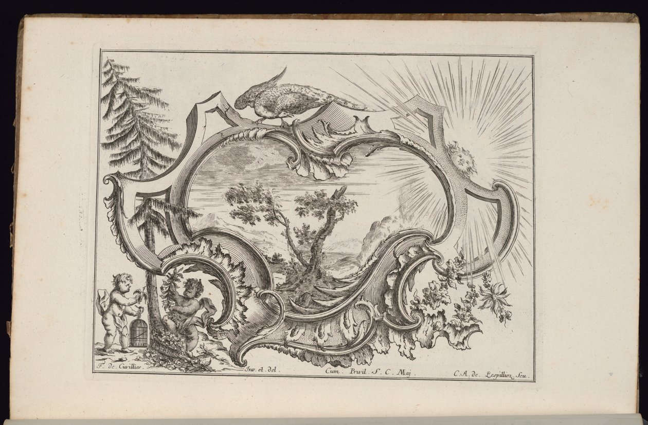 Patron med fugl og sol, bog med uregelmæssige patroner af François de Cuvilliés the Elder