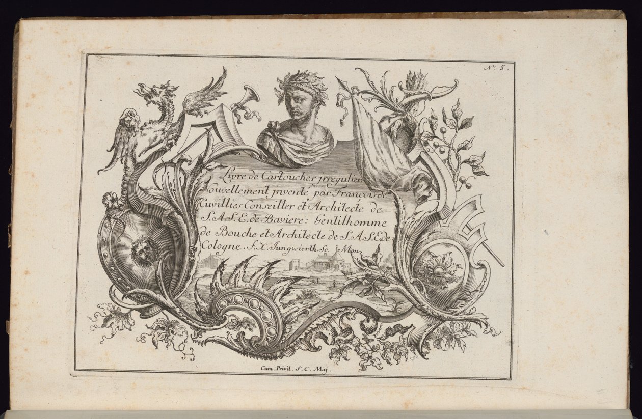 Patron med portrætbuste, bog med uregelmæssige patroner af François de Cuvilliés the Elder