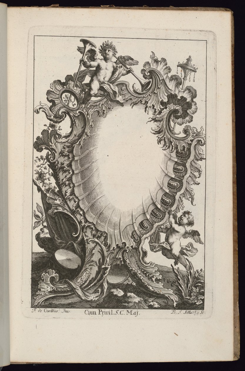 Patron med Putto-holdende trompeter, bog med uregelmæssige patroner af François de Cuvilliés the Elder