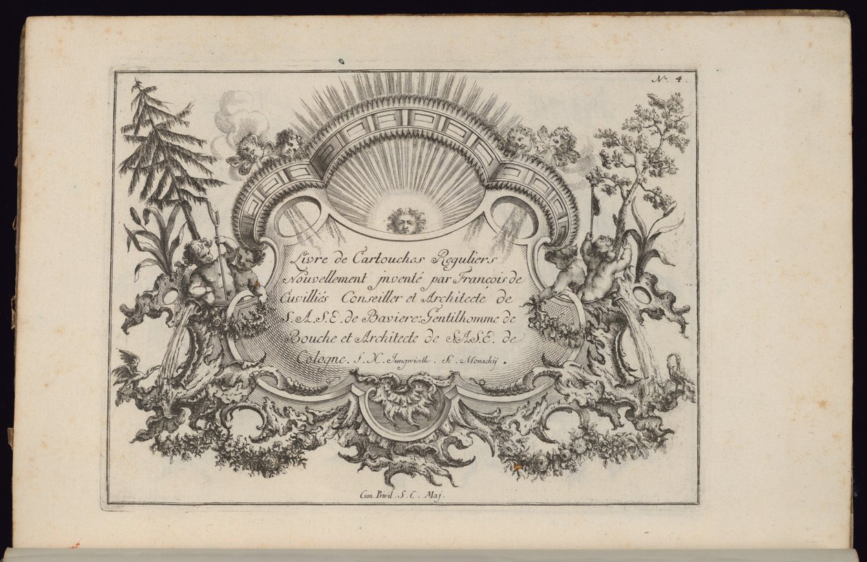 Cartouche med sol og fire vinde, Livre de Cartouches Reguliers (Bog med regulære kartoucher) af François de Cuvilliés the Elder