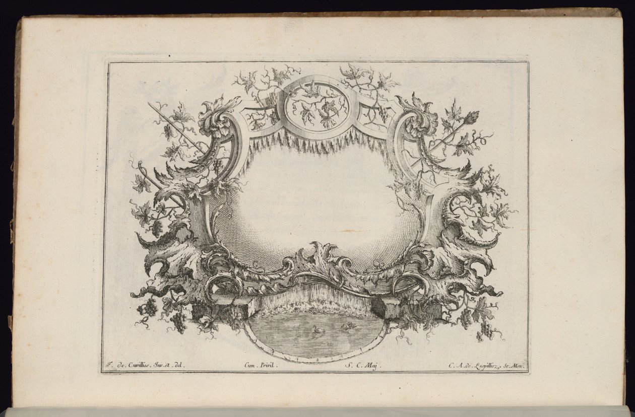 Cartouche med vinblade og druer, Livre de Cartouches Reguliers (bog over almindelige kartoucher) af François de Cuvilliés the Elder