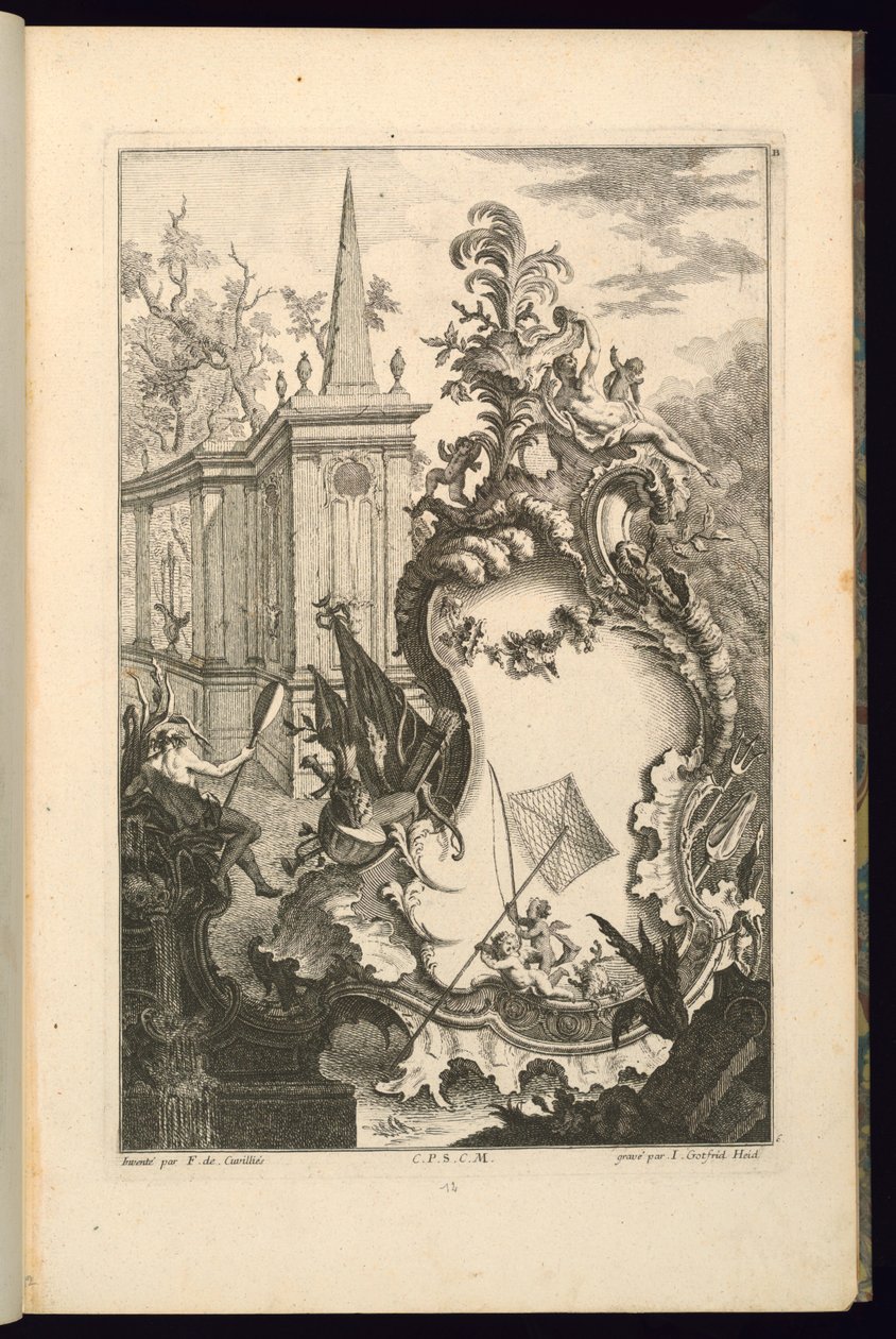 Design til springvand med to putti med et fiskenet af François de Cuvilliés the Elder