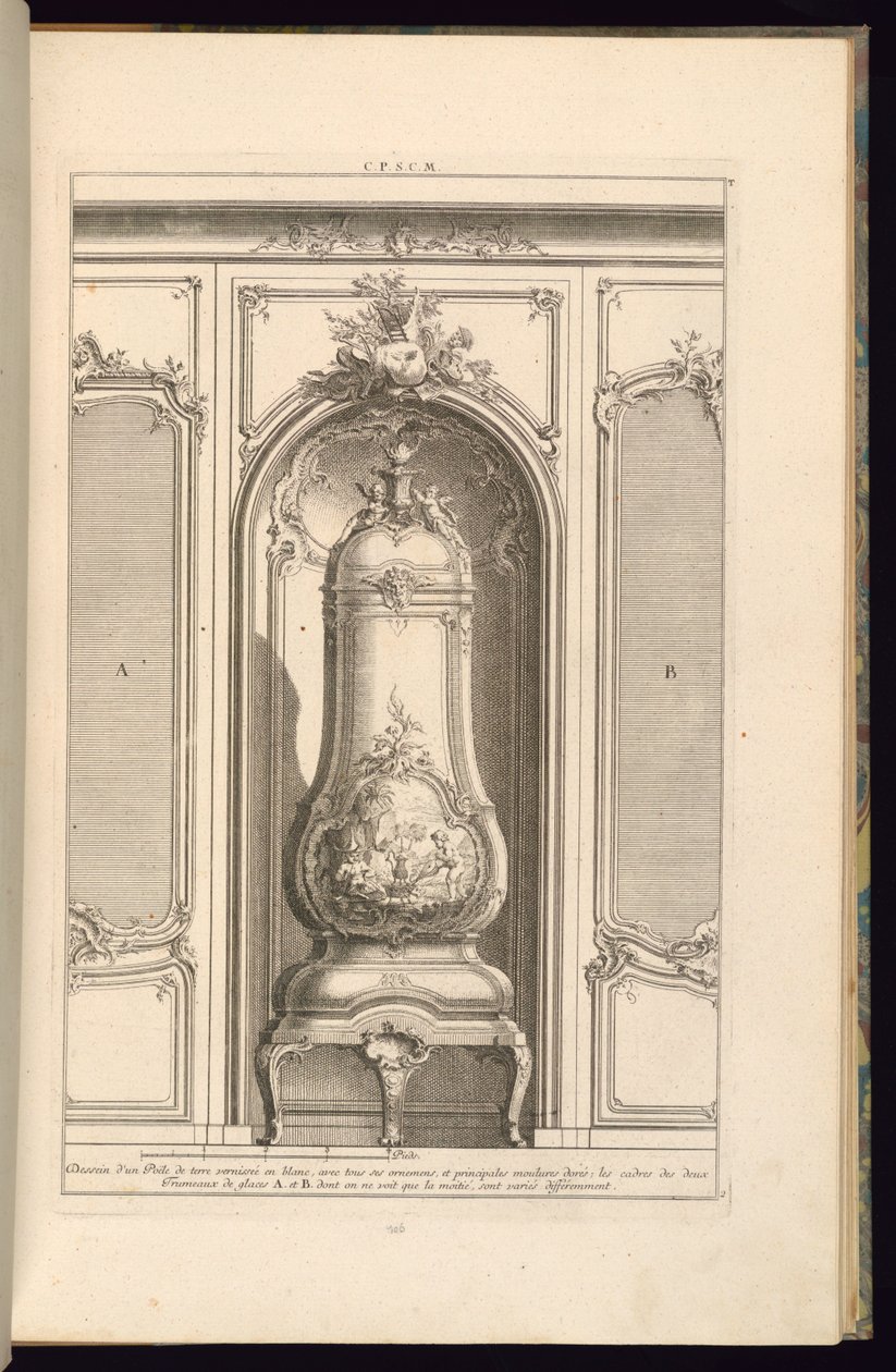 Tegning af en glaseret jordovn i hvid ... anderledes af François de Cuvilliés the Elder