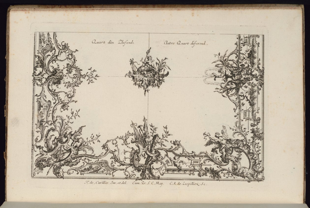 Two Quarters of a Ceiling, New Book of irregular Ceilings af François de Cuvilliés the Elder